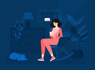 Girl freelancer is sitting in a chair with a mobile phone. Efficient and productive work at home at night. Colorful vector illustration in flat cartoon style. Domestic dog. Modern interior.