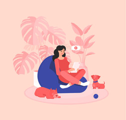 Freelancer girl is sitting in a bean bag chair with a tablet. Efficient and productive work at home. Domestic dogs. Modern interior with plants. Colorful vector illustration in flat style
