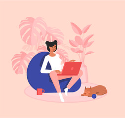 Freelancer girl is sitting in a bean bag chair with a laptop. Efficient and productive work at home. Domestic dog. Modern interior with plants. Colorful vector illustration in flat cartoon style. 