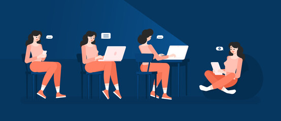 Set of poses freelancer girls with gadgets. Sitting on chairs and a bean bag chair. Mobile phone and tablet in hands, laptop on his lap and on the table. Colorful vector illustration in flat style.