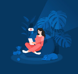 Freelancer girl is sitting in a bean bag chair with a tablet. Efficient and productive work at home at night. Domestic dogs. Modern interior with plants. Colorful vector illustration in flat style