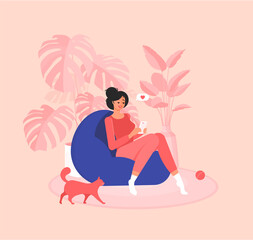 Freelancer girl is sitting in a bean bag chair with a mobile phone. Chatting. Home plants. Comfortable pose.  Domestic cat. Modern interior. Colorful vector illustration in flat cartoon style