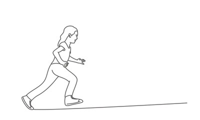 Running girl. Line drawing vector illustration.