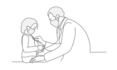 Doctor in protection mask examines a little girl in face mask. Line drawing vector illustration.