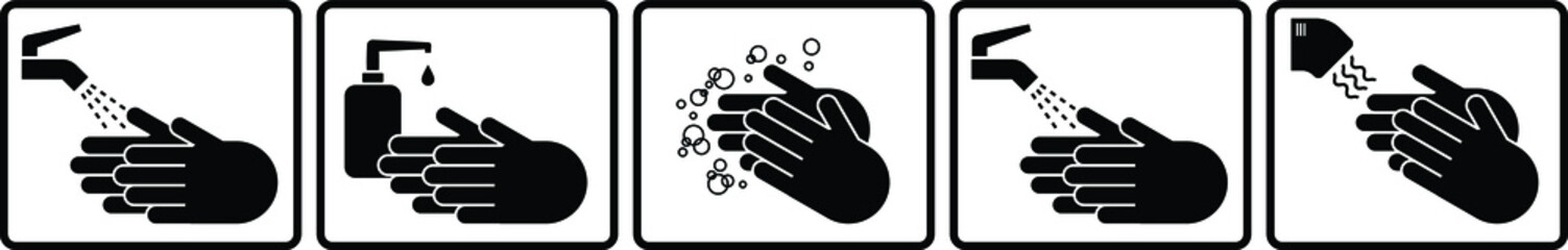 Instruction diagram: 5 hand washing steps with liquid detergent.