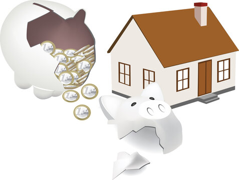 home and piggy bank broken with coin leak