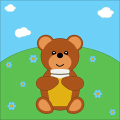 Obraz na płótnie Canvas Cute bear with jar of honey on summer landscape bright meadow. Concept for preschool activity for children, card for kids.