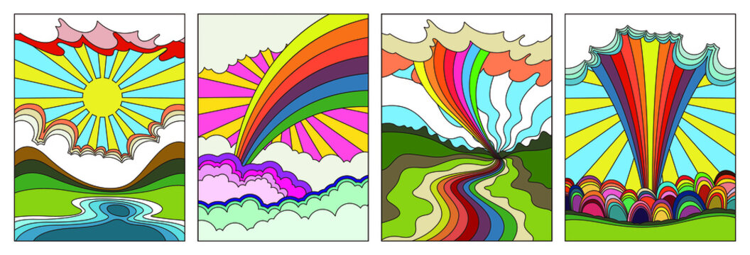 Psychedelic Art Landscapes, 1960s Hippie Style Poster Set, Bright Colors, Rainbows, Clouds