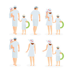 Happy family and summer concept illustrations set. Young couple, father, mother, son, daughter, brother and sister from back view. Family in white summer clothes. Part of set.