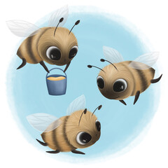 Cute Little Bees Collect Sweet Honey