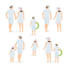 Happy family concept illustrations set. Young couple, father, mother, son, daughter, brother and sister from back view. Family in white summer clothes. Part of set.