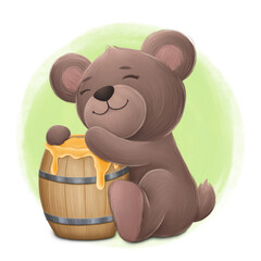 Cute Little Bear Hugs a Keg with Honey