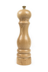 Classic tall wooden salt and pepper grinder mill shot in a white studio.