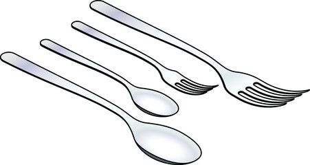 Isometric drawings of cutlery: soup spoon, dessert spoon, dessert fork, dining fork.