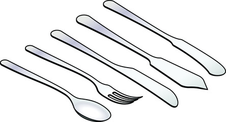 Isometric drawings of cutlery: dessert spoon, dessert fork, salad knife, fish knife, butter knife.
