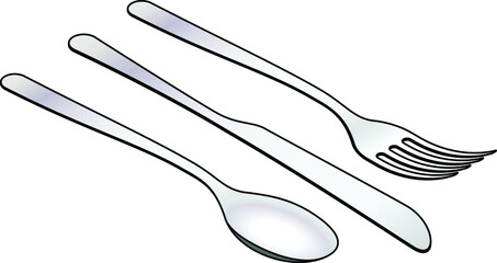 Isometric drawings of cutlery: soup spoon, dining knife, dining fork.
