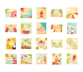hello summer banner, season vacations travel typography icons set