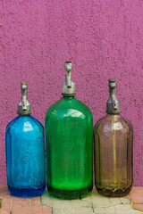 Big vintage soda siphons - seltzer bottles. Authentic retro soviet glass and iron bottle forms