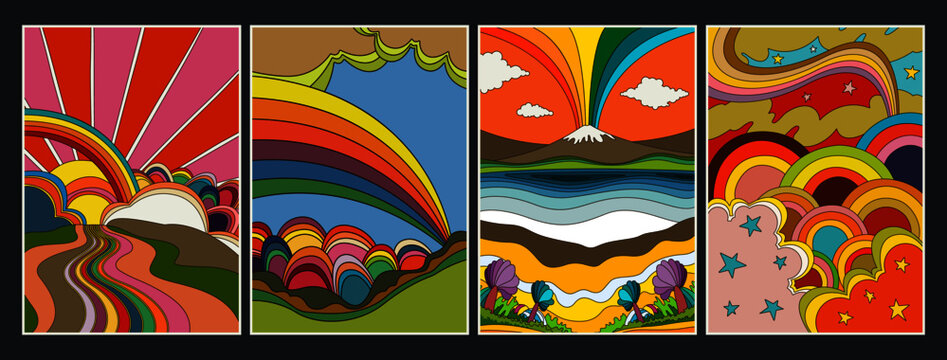 1960s Hippie Style Poster Set Psychedelic Landscapes, Rainbows, Clouds, Outdoor