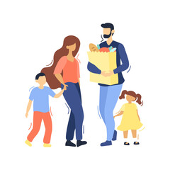 Family Shopping Concept. Father, Mother With Children After Shopping In Supermarket. Father Holds Paper Bag With Food Supply. Concept Of Family Spending Time. Cartoon Flat Style. Vector Illustration