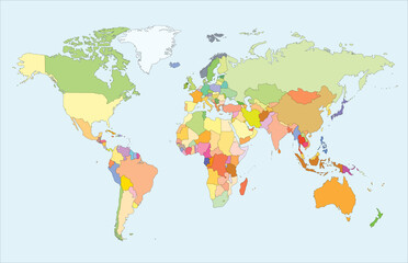 Obraz na płótnie Canvas Colored political world map. Highly detailed flat colored vector world map with country borders. Template for web site, iconographics. Editable and clearly labeled layers.