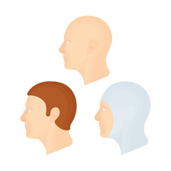 Human head in profile. Set of human heads signs in different hair styles and biohazard chemical protective suit. Part of set.