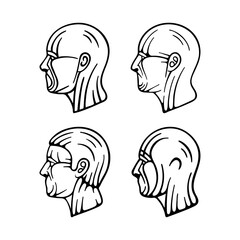Hand drawn human head in profile with face, skin and respiratory system protection equipment: medical mask, shields and protection suit. 