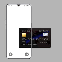 Smartphone with credit card icon in trendy style. Money movement and online payment. Online banking concept.