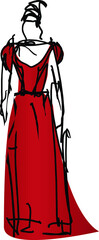 Free-hand fashion design sketch of a female figure in colorful clothing.