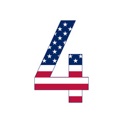 Number 4 with stars and stripes. American flag lettering font.
Vector USA national flag style with number 4.
Patriotic american element.  For poster, card, banner and background. 