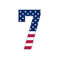 Number 7 with stars and stripes. American flag lettering font with digit 7.
Vector USA national flag style with number 7. 
Patriotic american element.  For poster, card, banner and background. 