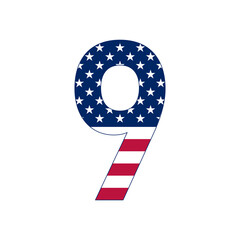 Number 9 with stars and stripes. American flag lettering font with digit 9.
Vector USA national flag style with number 9. 
Patriotic american element.  For poster, card, banner and background. 