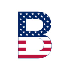 Letter B with stars and stripes. American flag lettering font.
Vector USA national flag style letter B.
Patriotic american element for poster, card, banner and background. 