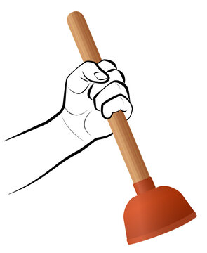 Plumber with toilet plunger, symbolic for professional bathroom service. Domestic housework tool to unblock clogged sink and wc. Isolated vector icon illustration on white background.
