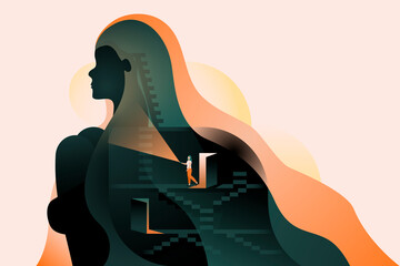 Concept illustration about introspection and self-examination. Abstract drawing  representing a character searching inside of an other character.