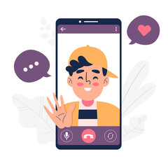 Flat design young man on a video call