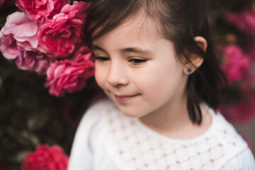 Naklejka premium Beautiful kid girl 4-5 year old posing with pink roses outdoors closeup. Childhood. Summer season.