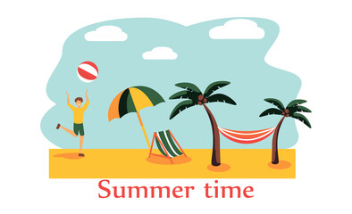 Young Man Playing Beach Volleyball, Guy Relaxing on Beach on Summer Vacations Vector Illustration. Beach holidays, swimming accessories. Flat vector illustration.