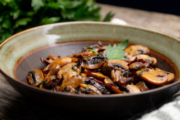 Mexican mushrooms with garlic and guajillo chili peppers also called 