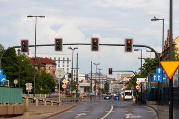 Street with stop lights in Krakow