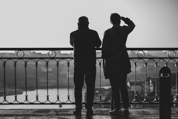 silhouette of a old couple B&W