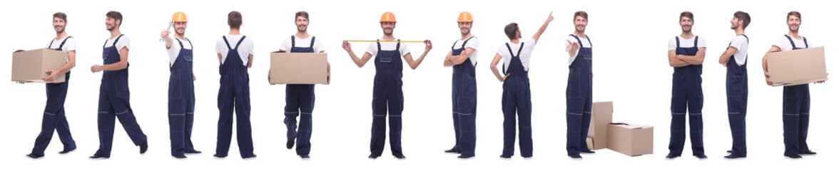 panoramic collage of skilled handyman isolated on white