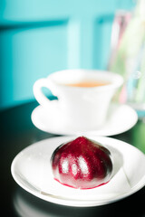 raspberry mousse cake on the table