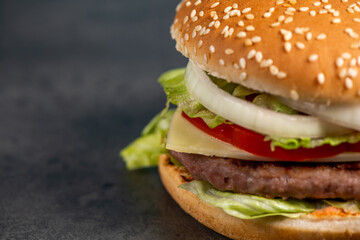 burger on dark gray wooden background, сopy space on left side 