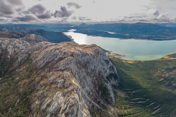 Little Atlin Lake in Yukon Territory, northern Canada taken by drone aerial shot. 