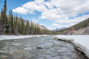 Stunning Wheaton River in Yukon Territory, northern Canada. Seen in the springtime when the ice has almost all melted. 