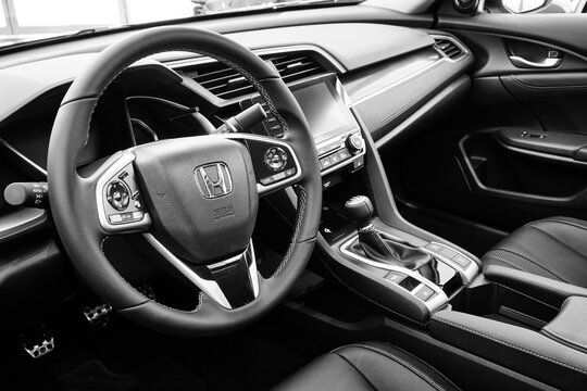 Gdansk, Poland - May 28, 2020: Interior accessories of Honda Civic car presented in the car showroom