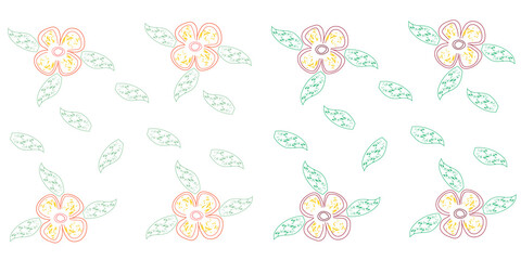 Set of doodle flowers and leaves with patterns. Color sketch on a white background. Vector drawing by hand.