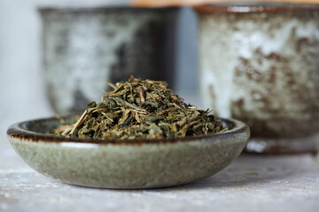 Dried Green Tea Leaves. Close up.	