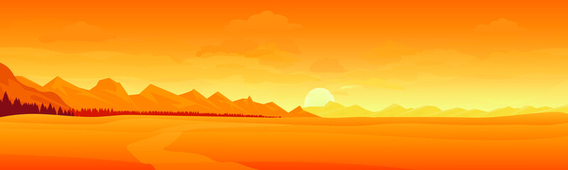 Desert landscape with mountains, sunrise. Desert Bundle in cartoon style. Can be used for background and banner design.